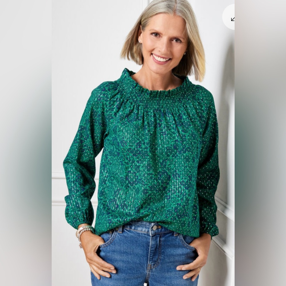 Talbots Green and Blue Floral Smocked Blouse with Silver Accents